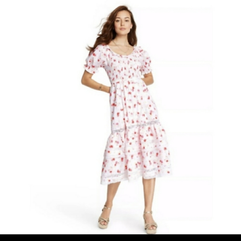 Love Shack Fancy Target Pink Floral Puff Sleeve Maxi Dress Large Smocked